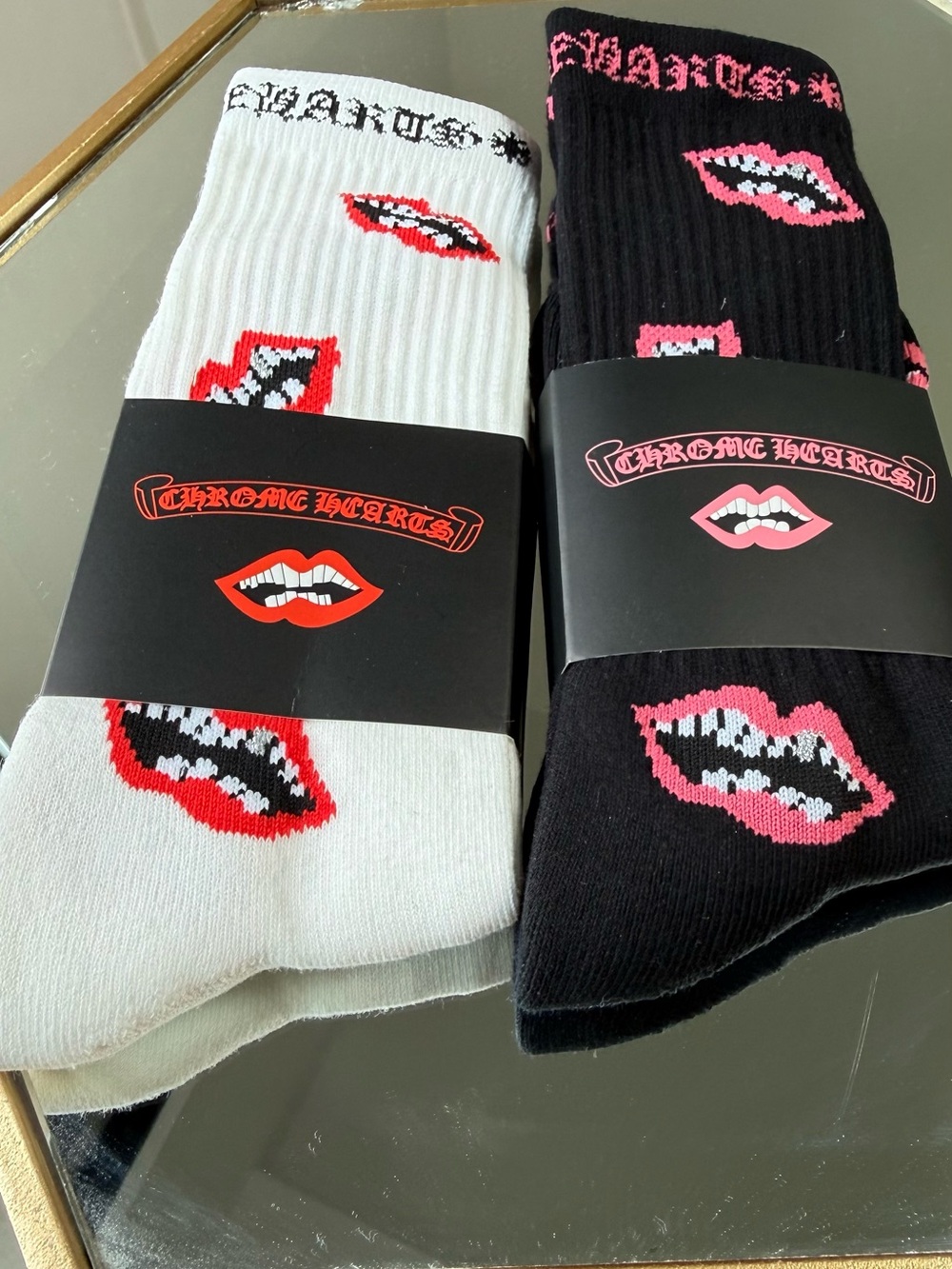 Chrome Hearts Men’s Lip-Print Crew Socks in Black, White & Pink